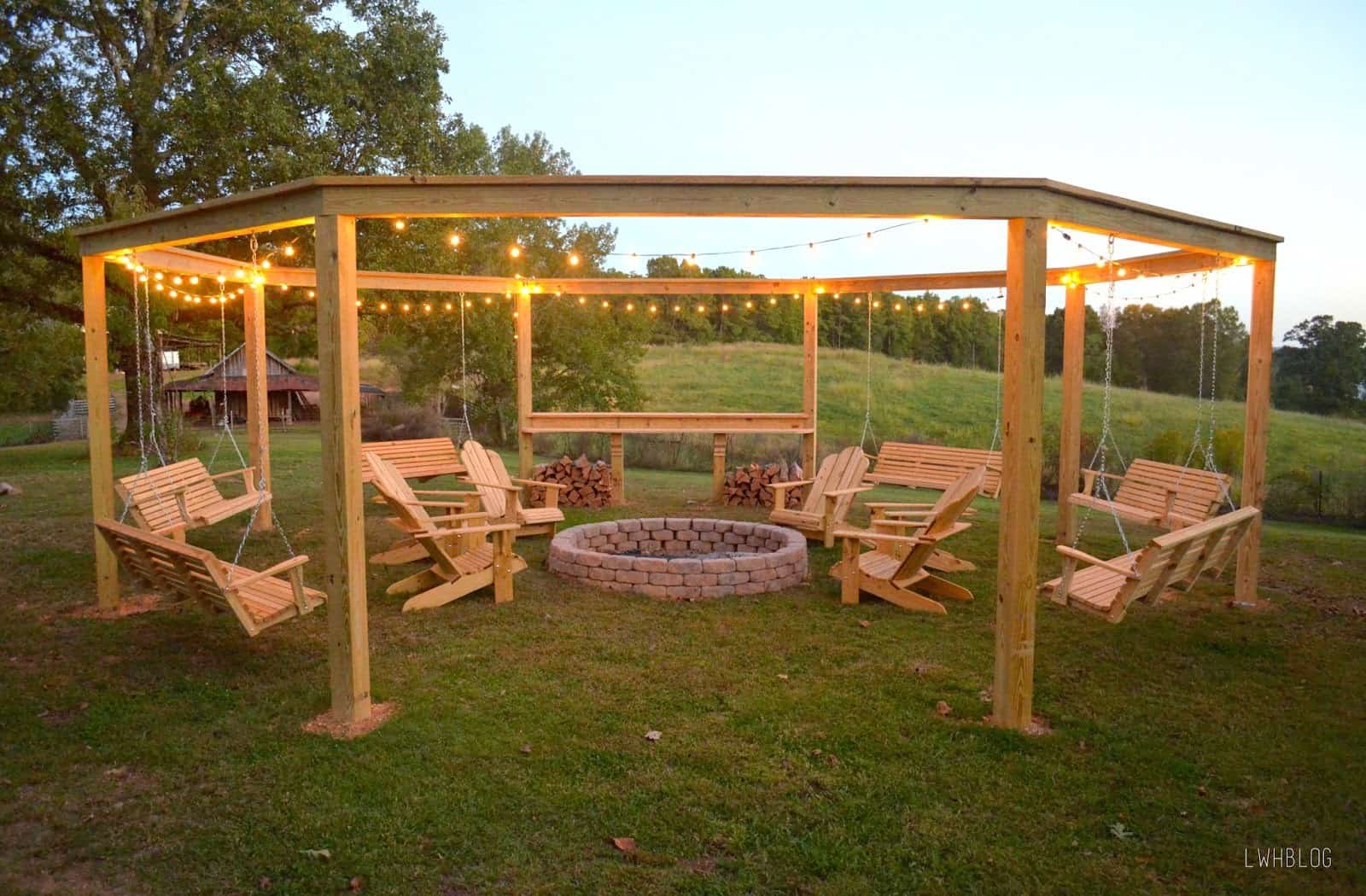 Open top pergola with a fire pit and swing seats