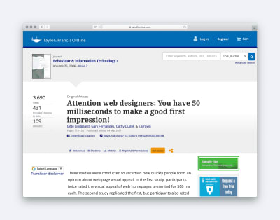 Article Titled: Attention Web Designers, you have 50 milliseconds to make a good first impression