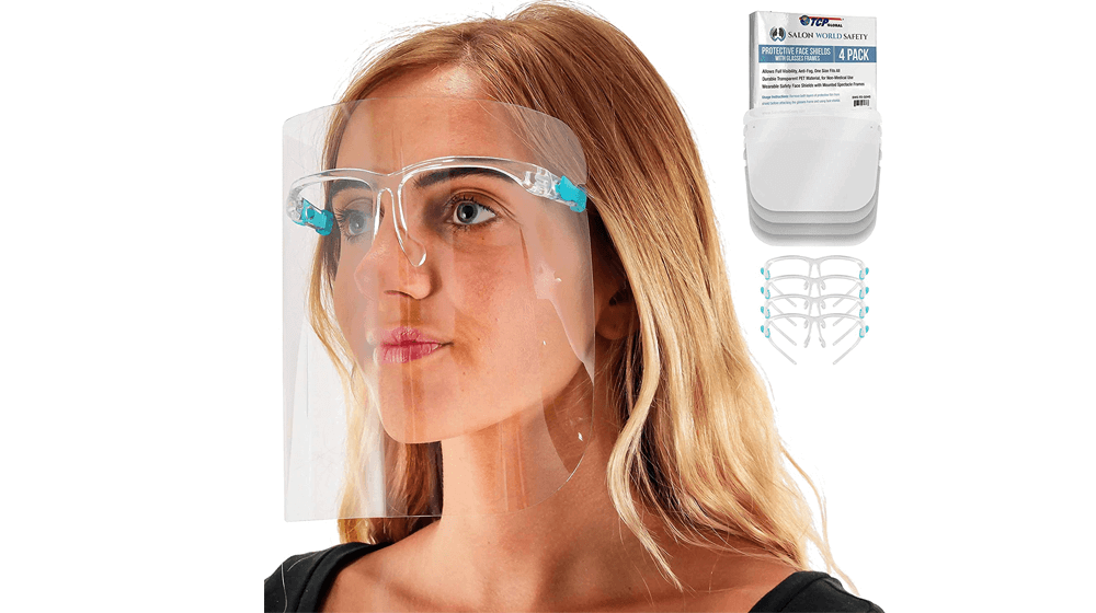 TCP Global Salon World Safety Face Shields with Glasses Frames (Pack of 4) - Ultra Clear Protective Full Face Shields to Protect Eyes