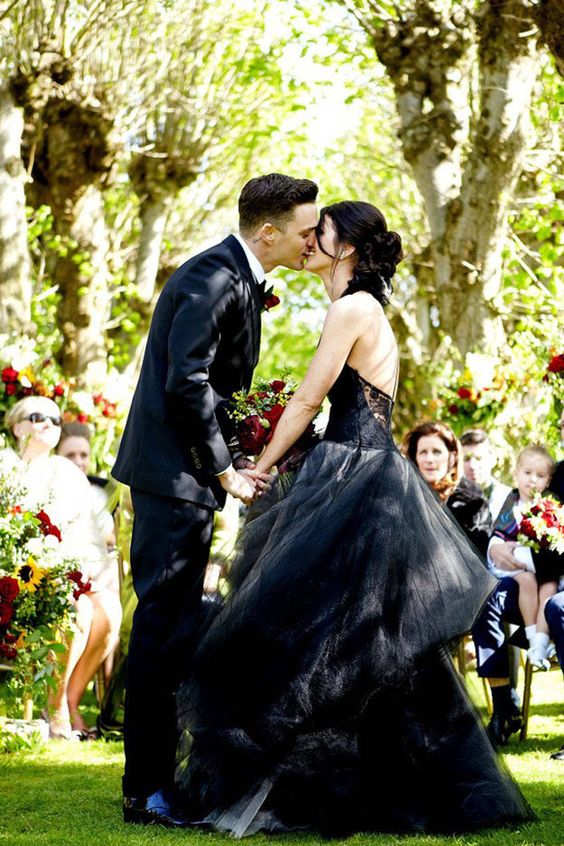 Black tulle ball gown wedding dress