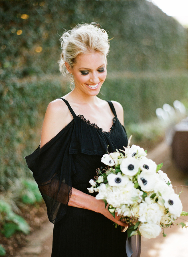 Draped shoulder black wedding dress