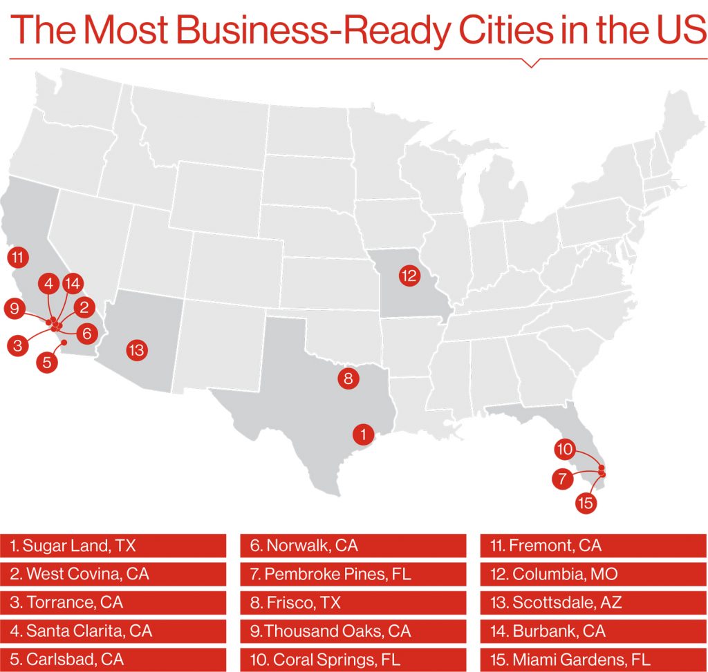 The Most Business-Ready Cities in the US map