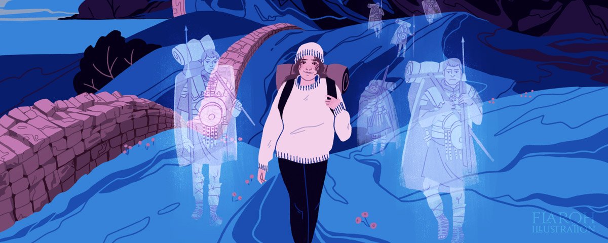 This illustration shows a woman walking down a windy road with the ghosts of past travelers with her. 