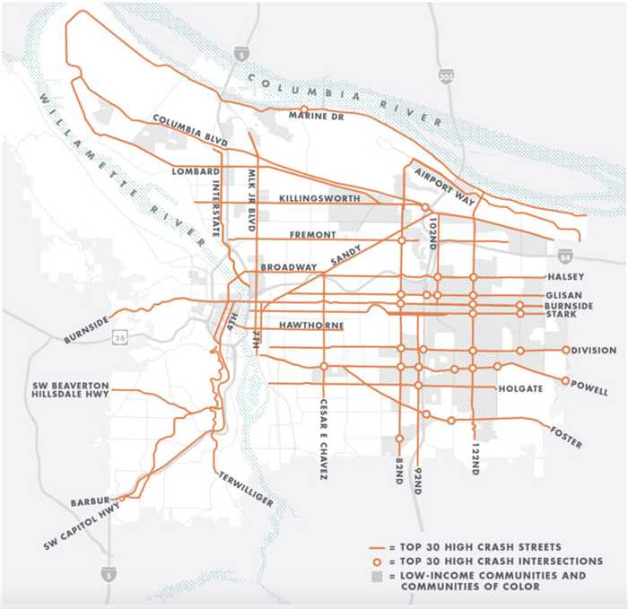 A map of Portlands high crash corridors where camping is no longer permitted.