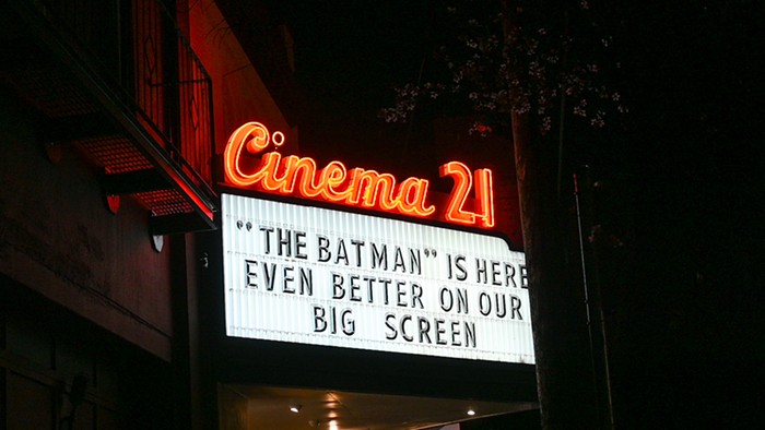 The Cinema 21 marquee on the opening night of a film that should have been called Mr. Batman.