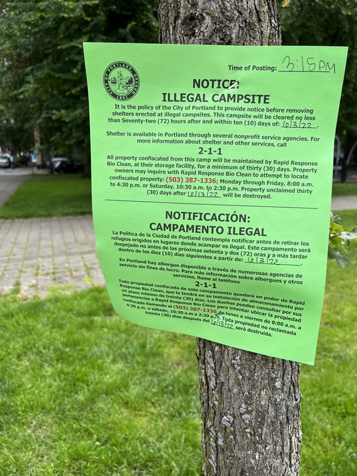 A notice of a planned campsite sweep posted in Portlands Old Town neighborhood.