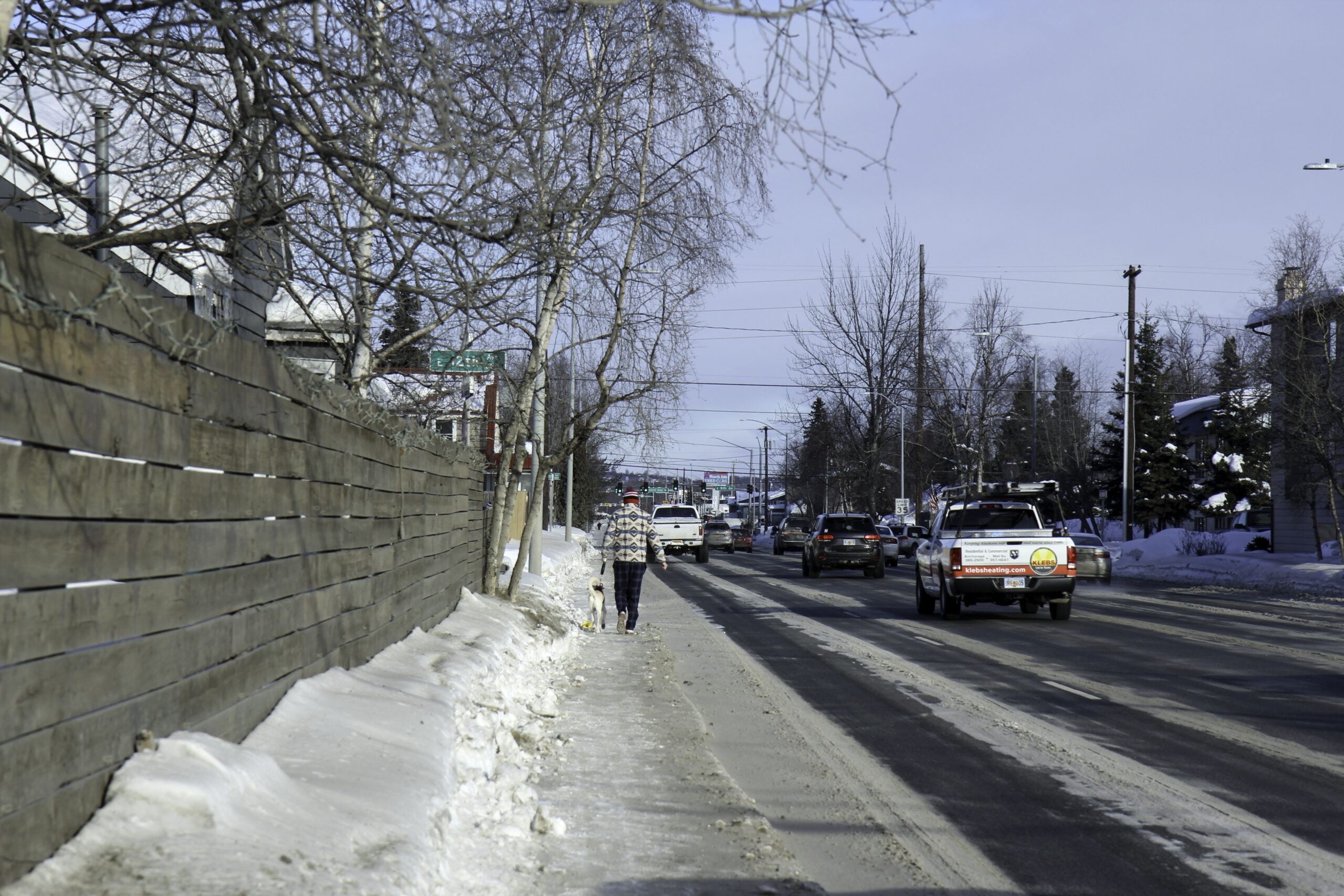 A man with a red hat and a dog walk on the sidewalk of a busy highway.