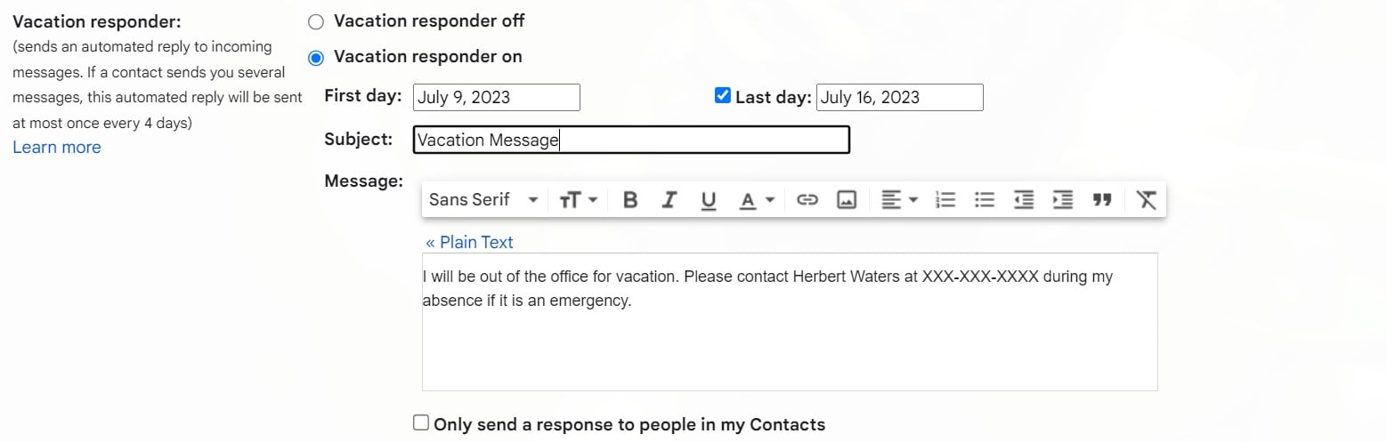 out of office message - auto responder